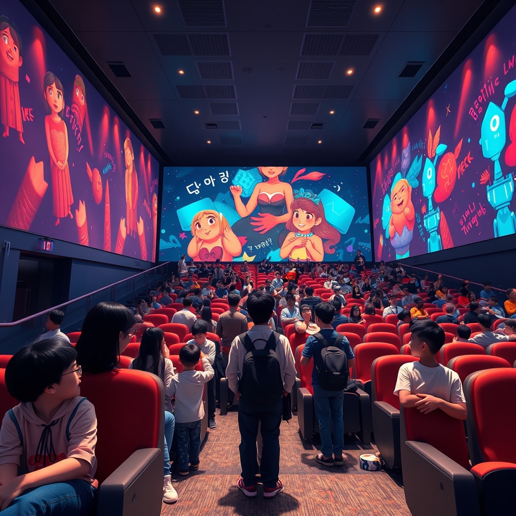 Create a realistic editorial photograph for a Korean web article. Topic: A modern Korean movie theater lobby and cinema auditorium with families and film fans, colorful abstract an