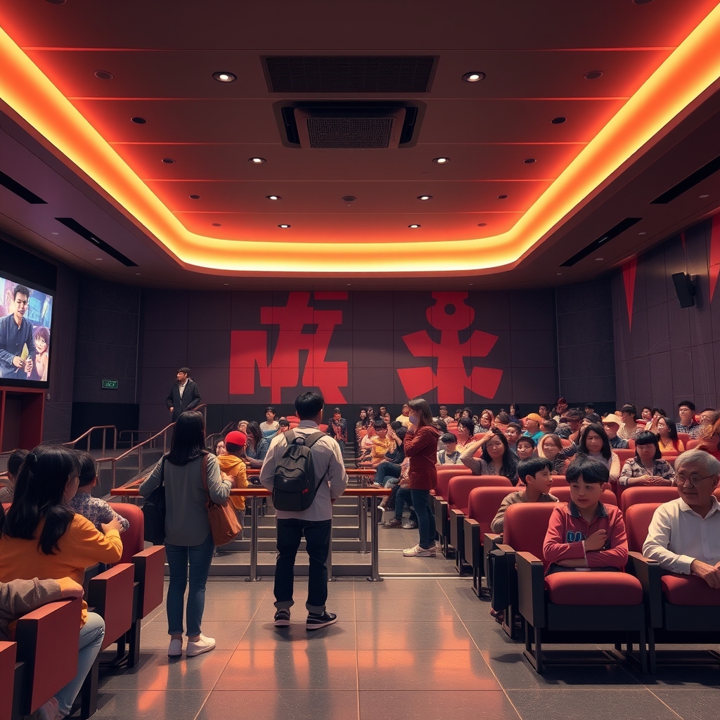 Create a realistic editorial photograph for a Korean web article. Topic: A modern Korean movie theater lobby and cinema auditorium with families and film fans, colorful abstract an