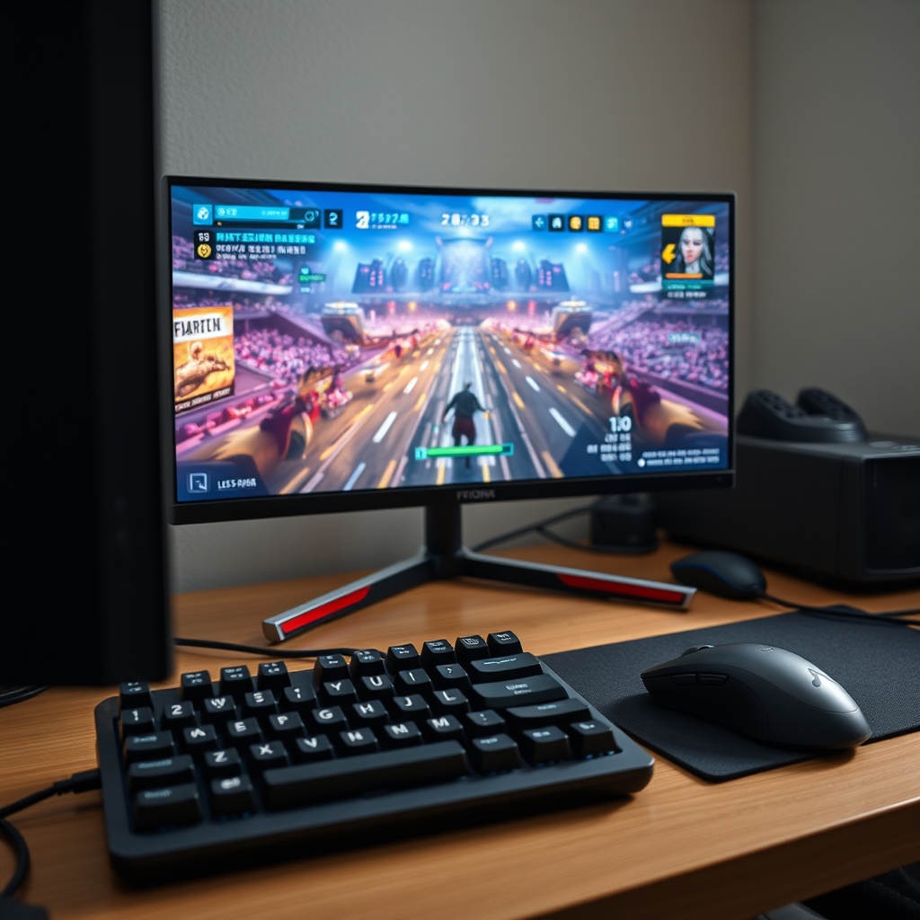 Create a realistic editorial photograph for a Korean web article. Topic: A modern Korean PC gaming setup with keyboard, mouse and a fast-paced arena game atmosphere on screen, no l