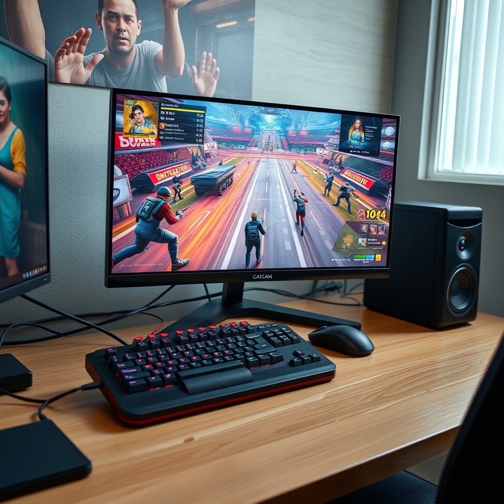 Create a realistic editorial photograph for a Korean web article. Topic: A modern Korean PC gaming setup with keyboard, mouse and a fast-paced arena game atmosphere on screen, no l
