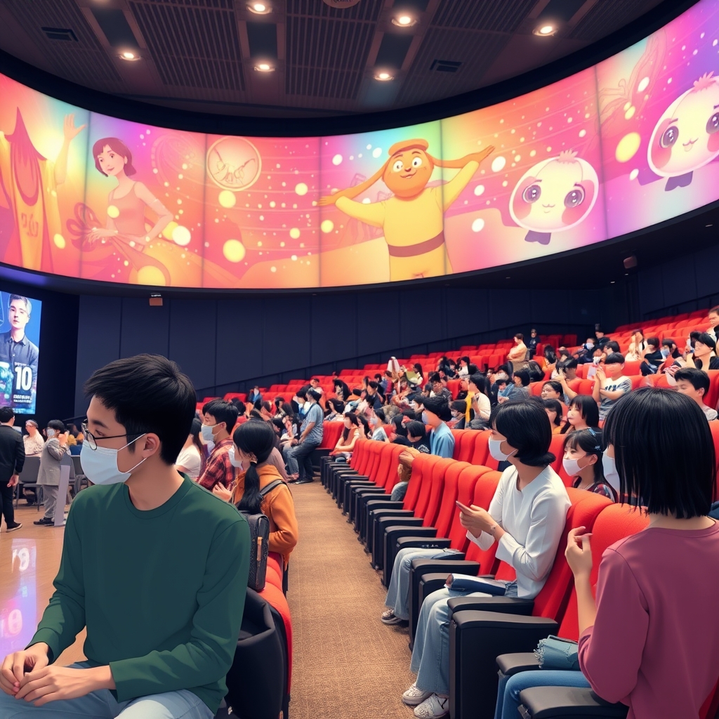 Create a realistic editorial photograph for a Korean web article. Topic: A modern Korean movie theater lobby and cinema auditorium with families and film fans, colorful abstract an