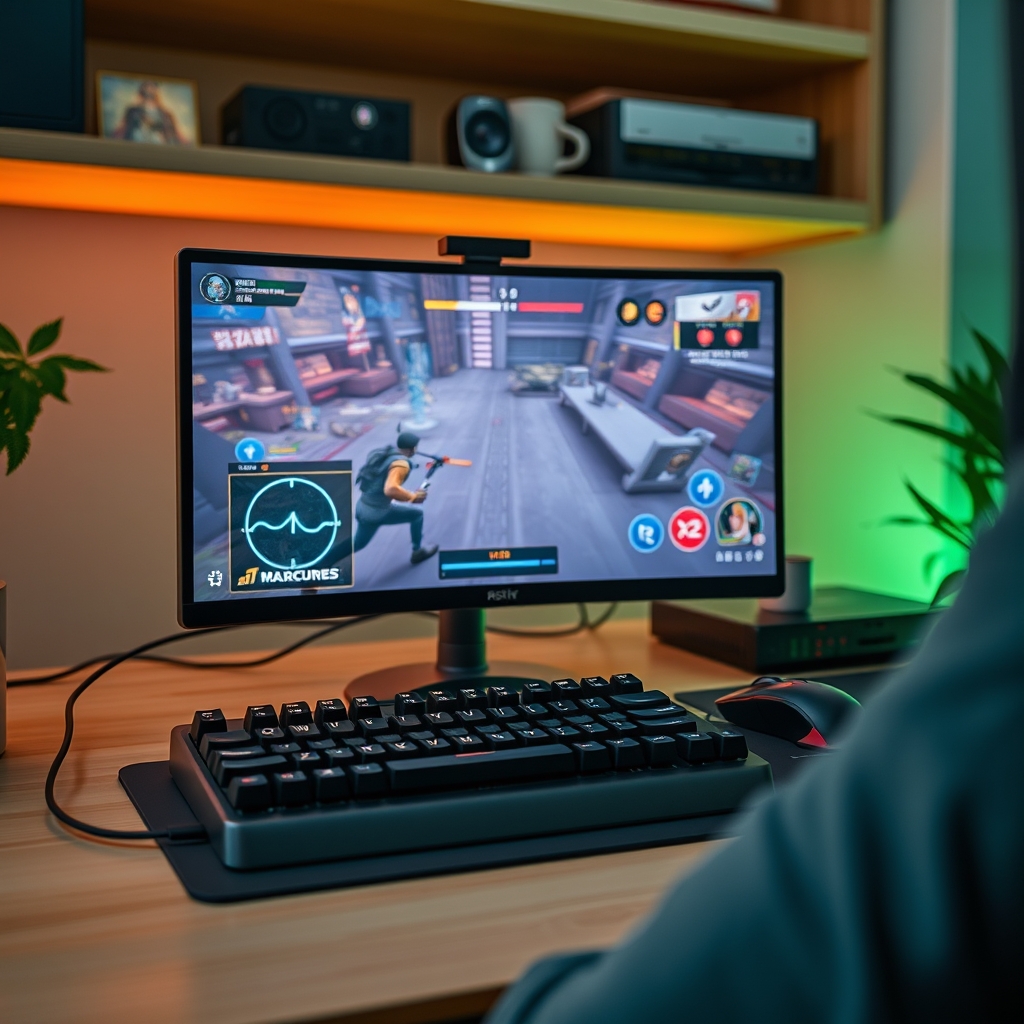 Create a realistic editorial photograph for a Korean web article. Topic: A modern Korean PC gaming setup with keyboard, mouse and a fast-paced arena game atmosphere on screen, no l