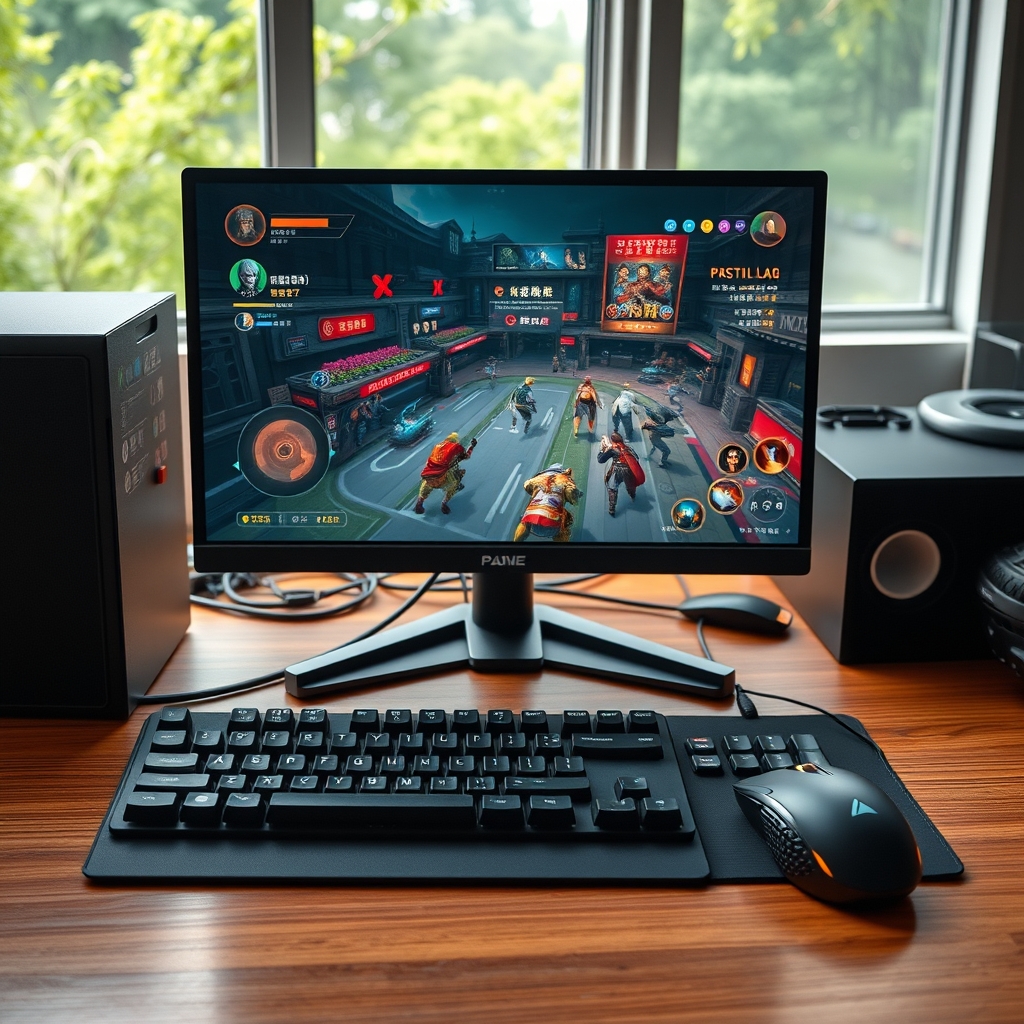 Create a realistic editorial photograph for a Korean web article. Topic: A modern Korean PC gaming setup with keyboard, mouse and a fast-paced arena game atmosphere on screen, no l