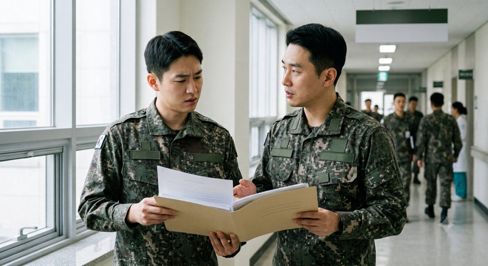 민간 의대 출신 장기 군의관이 군 위탁 의대 출신 장기 군의관과 경력 인정 차이로 임금·진급에서 불이익을 겪으며 군을 떠나는 사례가 발생하고 있다는 지적이 나왔다(제작: 청년의사 with Gemini).