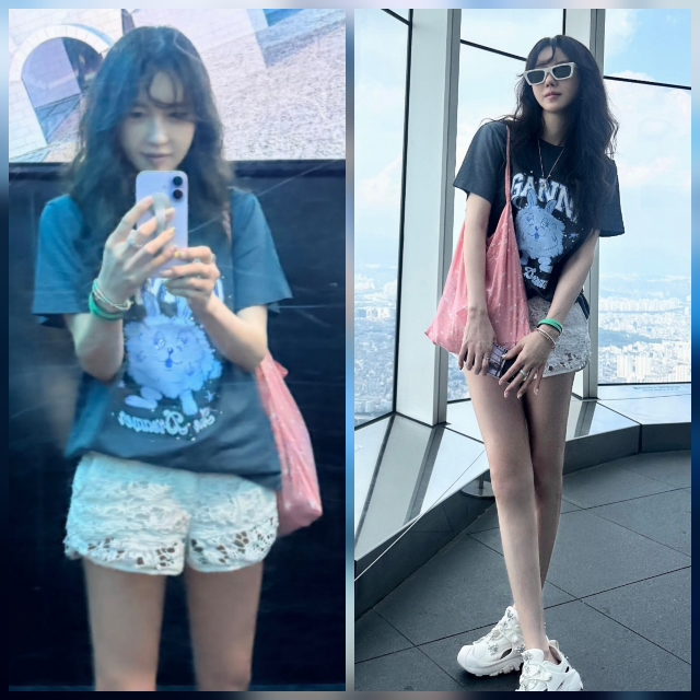 이지아가 티셔츠 아래로 쇼츠가 쏙 숨어버린 듯한 착시를 일으키는 일상 패션을 선보였다. 사진=이지아 SNS